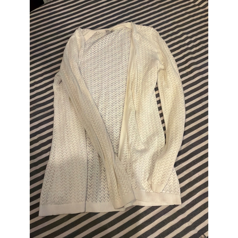 LL Bean Womens White 100% Cotton Pointelle Chevron Open Front Cardigan Size M